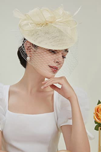 Babeyond Women's Pillbox Fascinator Hat Kentucky Hat Feather Derby Fascinator Headband Tea Party Fascinator Hat For Cocktail Off-White #TOP3