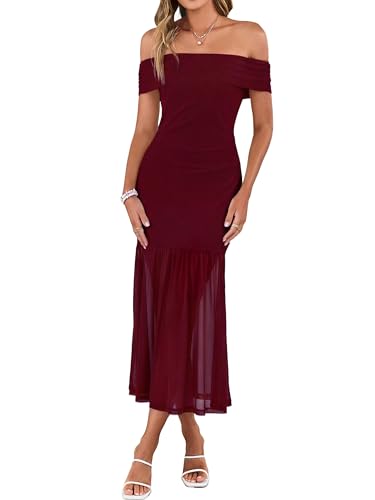 Simplee Womens Summer Off Shoulder Maxi Dress 2026 Ruched Bodycon Flowy Tulle Formal Cocktail Wedding Guest Long Dresses Red Wine