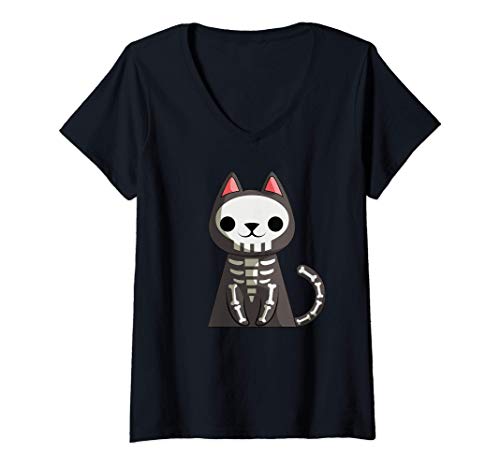 Femme Chat squelettique Halloween : un cadeau d'horreur amusant po T-Shirt avec Col en V