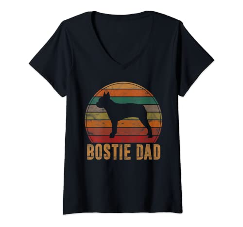 Womens Retro Boston Terrier Dad Gift Dog Owner Pet Bostie Father V-Neck T-Shirt