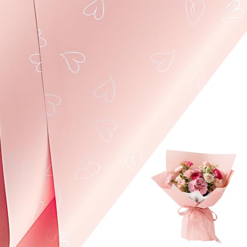 LeZakaa 20 Sheets Valentine Flower Wrapping Paper, Pink with White Heart Pattern Waterproof Floral Bouquet Paper, for Valentines, Mothers Day, Party, Romantic Birthday, Wedding, Anniversary