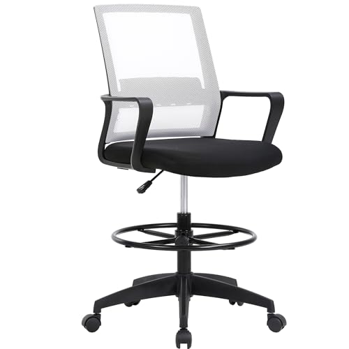 Image of BestOffice Drafting Chair Tall Office Chair Adjustable Swivel Rolling Mesh Height with Lumbar Support Arms Footrest Mid Back for Adults Standing Desk Drafting Stool (Beige)