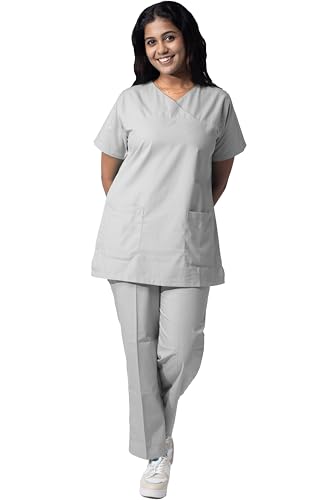Image of Uniform Craft Women's 4 Pocket Scrub Suit Set | Medical Uniform | Cross V-Neck Poly Cotton | Short Sleeve Hospital Wear | Ideal for Doctors & Nurses (Light Grey, XL)