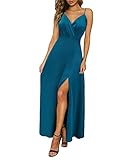 Newshows Summer Dresses for Women 2024 Satin Navy Blue Maxi Dress V Neck Spaghetti Strap Sleeveless Long Slit Cocktail Formal Wedding Guest Dresses(Navy, Large)
