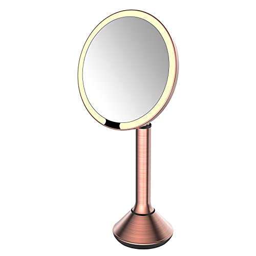 誘導調光機能付きLED卓上メイクアップミラー、8インチのカウンタートップバニティミラー、ライトと5倍の倍率、回転照明付き化粧鏡、ローズゴールド