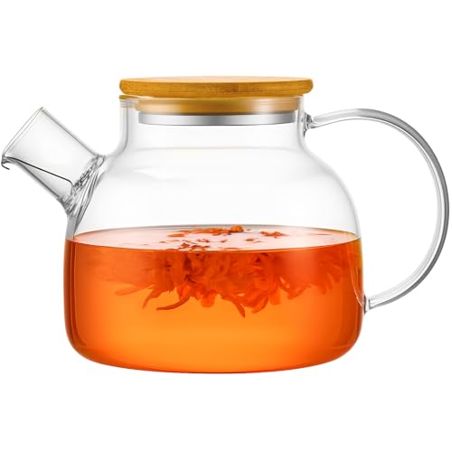 PARACITY Glass Teapot Stovetop 34oz/1000ml, Borosilicate Clear Tea Kettle with Removable 18/8 Stainless Steel Infuser,Glass Tea Kettle with Wooden Lid, Teapot for Loose Leaf Tea Fruit Tea Fragrant Tea