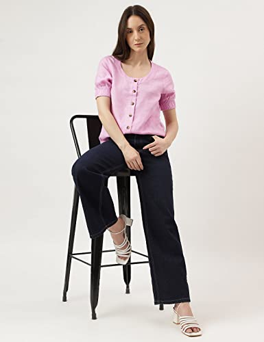 Image of Marks & Spencer Womens Solid Linen Blend Round Neck Regular Fit Top