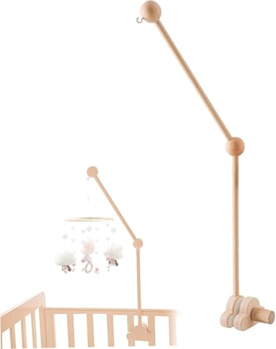 Baby Crib Mobile Arm,27inch Wooden Cot Crib Mobile Holder,Adjustable Angle and Height,Baby Mobile Hanger for Home Baby Bed Bell Wind Chimes Cloud Design (Wood Color)