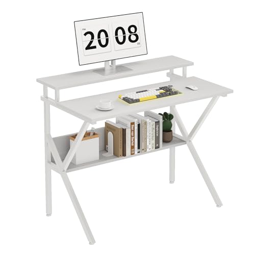 CAIYUN 70cm Computer Desk, Home Office Desk for Home, Small Desk for Small Spaces, White Desk with Monitor Stand