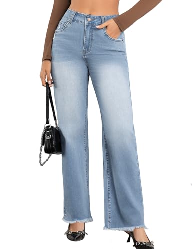 JK SUE JONES Wide Leg Jeans for Women Mid High Waist Straight Leg Boyfriend Mom Denim Pants Frayed Raw Hem