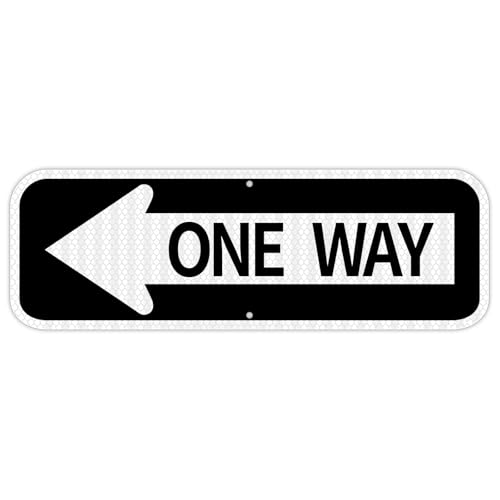 One Way Directional Sign with Left Arrow - 18x6 Rustproof Engineer Grade Reflective Aluminum Heavy Duty Weather Resistant Indoor/Outdoor Use Easy Wall/Post Mount (1 Pack-One Way Sign with Left Arrow -White and black)