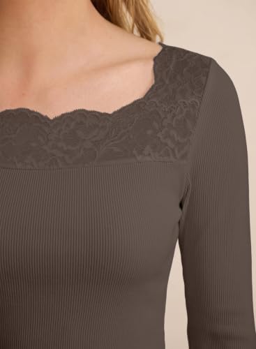 Image of Dokotoo Womens Tops Lace Long Sleeve T Shirts Ribbed Knit Stretch Top 2026