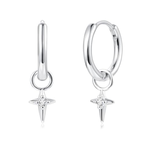 Image of Loutade Silver Hoop Earrings with North Star Dangling Silver Drop Earrings