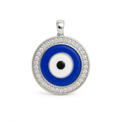 Image of Evil Eye Pendant for Protection & Positive Energy | Round Blue Nazar Pendant with Crystal Border | Unisex Spiritual Lucky Charm Necklace Pendants Gift