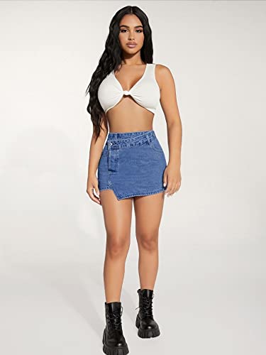 Floerns Saia jeans feminina cintura alta bainha assimétrica perna reta, Azul claro, PP