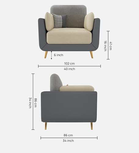 Image of Sixpine Luxury Dual Color Upholstery Sofa in Premium Velvet | Solid Wood Structure | Sturdy Golden Legs | High Density Foam | Extra Comfort for Modern Living Room (Grey & Beige, 1 Seater)