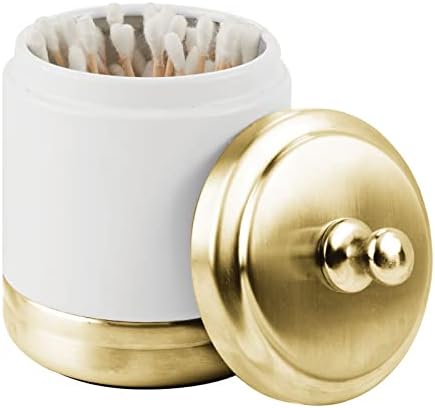 mDesign Set of 2 Cotton Pad Dispenser with Lid  Vanity Container for Cotton Buds, Bath Salts, Cosmetics and More  Cosmetic Organiser Made of Metal  Matte White/Gold