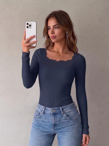 Image of Dokotoo Womens Tops Lace Long Sleeve T Shirts Ribbed Knit Stretch Top 2026