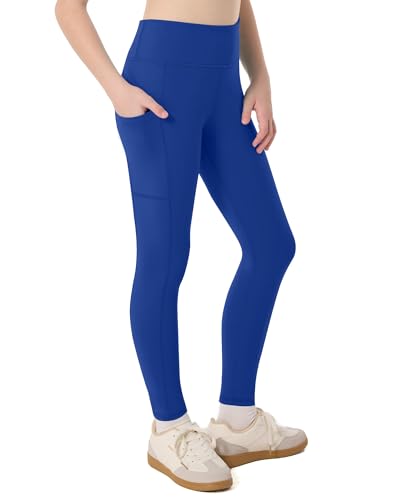 Moozava Girls Leggings Kids High Waisted Dance Pants Athletic Yoga Workout Running Cheer Gymnastics Tights with Pockets L Royal Blue