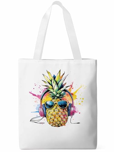 Canvas Tote Bags,Grocery Shopping Cloth Bag Pineapple Headphone Reusable Shoulder Bags Tote Bag for Travel Work Gym