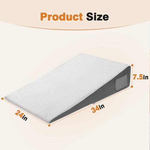 Image of Vekkia 34 inch Extra-Long Wedge Pillow for Sleeping, Body Pillow for Back & Arm Support, Elevated Pillows for Back Sleeping, Ideal for Tall Users, Washable Cover & Double Side Pockets, 7.5 inch Height