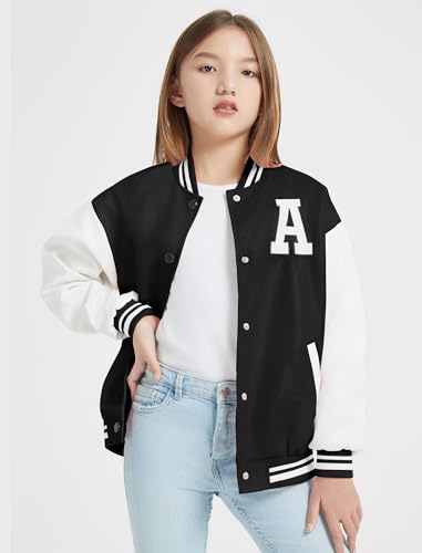 Mebius Girls Varsity Jacket Kids Leather Letterman Baseball Outerwear Stripe Trim Contrast Sleeve School Coats4
