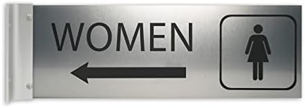 Hallway Projecting Women's Restroom Sign for Business, Left Arrow, 4"h x 12"w, 1/8" Double-Sided Corridor Sign, Engraved, UV Stable Plastic - Made in the USA by Alpha Dog ADA Signs (Brushed Stainless)