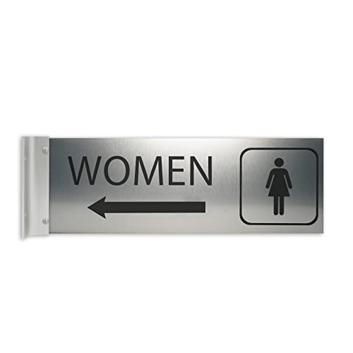 Hallway Projecting Women's Restroom Sign For Business, Left Arrow, 4"H X 12"W, 1/8" Double-Sided Corridor Sign, Engraved, Uv Stable Plastic - Made In The Usa By Alpha Dog Ada Signs (Brushed Stainless) #TOP2
