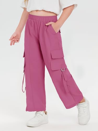 Image of Haloumoning Girls Parachute Pants Kids Wide Leg Cargo Pants Y2K Street Trousers with Pockets 5-14 Years