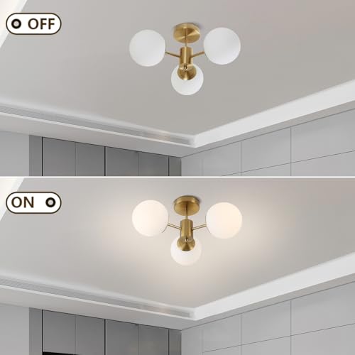 Image of 3 Lights Semi Flush Mount Ceiling Light Mid Century Modern Brass Ceiling Light Milk Glass Sputnik Small Chandelier for Bedroom Dinning Room Foyer Hallway