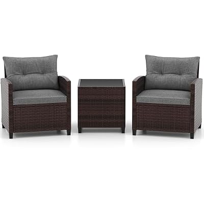 LDAILY Patio Furniture Set, 3 Pieces PE Rattan Wicker Patio Sofa Chairs with Washable Cushion & Glass Table, Outdoor Furniture Conversation Sets for Porch, Balcony, Garden, Poolside (Grey)