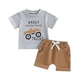 WZTYYDS Toddler Baby Boy Summer Clothes 2T 3T 4T 5T Boys Outfit Letter Truck Short Sleeve T-Shirt Tops + Shorts Set (Khaki Trucks, 18-24 Months)