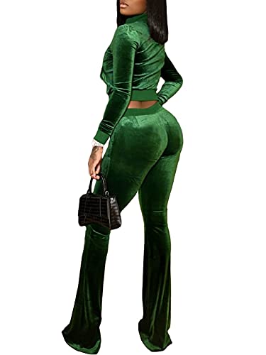 Qfmqkpi 2 Piece Workout Sets For Women Velour Crop Jacket Zipper Long Sleeve Top With Long Flare Pants Dark Green Xs #TOP4