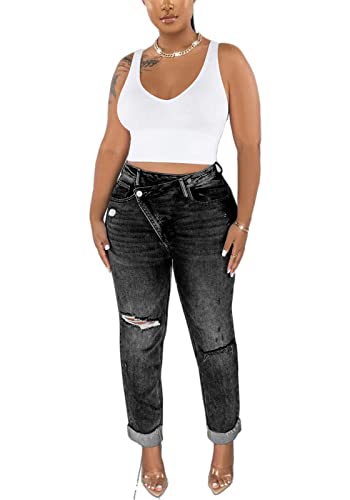 Lucuna Women's Ripped High Waisted Boyfriend Jeans Distressed Skinny Stretchy Denim Pants2