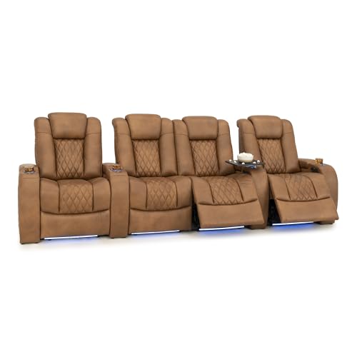 Image of Seatcraft Diamante Tawny Italian Leather Home Theater Seating, Zero Gravity Power Recliner Gaming and Home Office Chair, Powered Headrest Lounge Sofa Furniture Cinema Room, Row of 4 Middle Loveseats
