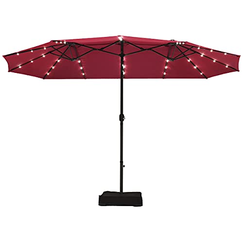 TANGZON 4.6x2.8m Double-Sided Patio Umbrella, Garden Parasol with Base, 36 Solar LED Lights & Crank System, Outdoor Market Twin Umbrella for Poolside, Backyard, Lawn and Deck (Wine Red)