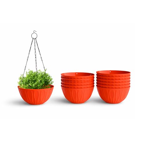 Image of YUCCABE ITALIA SHERA Hanging Wave 8 Inch Plastic Flower Pot for Plant Pack of 12 Pcs Round Shape Hanging Pot for Balcony Railing Planters for Indoor and Outdoor Garden (Red)