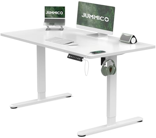 JUMMICO Escritorio eléctrico Regulable en Altura con Puerto de Carga USB, Escritorio de Altura Regulable, Asiento ergonómico de pie, 120 x 60 cm, Color Blanco