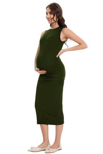 Smallshow Women's Maternity Midi Dress Crew Neck Sleeveless Pregnancy Clothes, Army Green, Medium