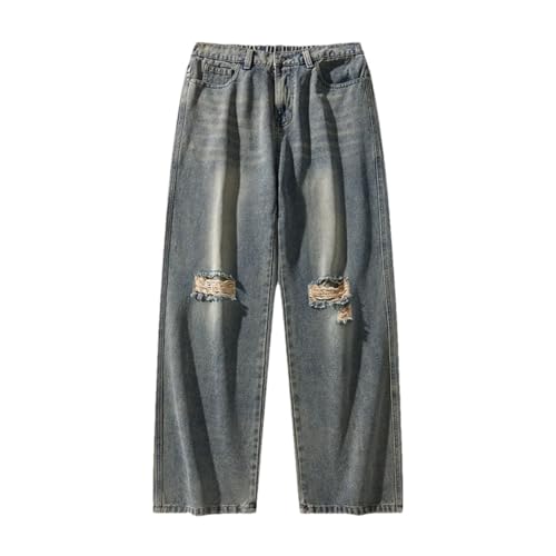 Men with Pockets Jeans Wide Leg Denim Pants Vintage Ripped Street Straight Trousers