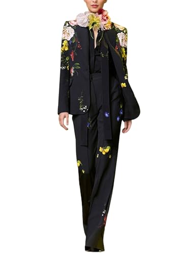 Women's Elegant Suit Flower Printed Single Button Blazer Coat High Waist Long Flare Pants Ladies' Two Pieces Sets