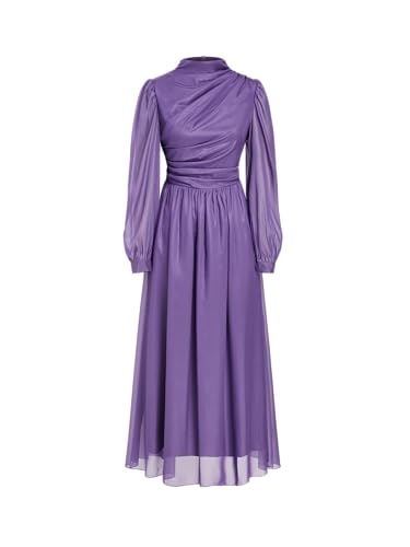 CIDER Long Sleeve Elegant Maxi Ruched Puff Sleeve Mandarin Neckline Formal Women Dress Mid Waist