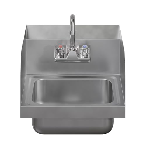 Image of 15 in. x 15 3 /4 in. NSF Certified Stainless Steel Hand Sink with Side Splash Guards- Commercial Wall Mount Hand Basin with Faucet. Ideal for Restaurants, Bars, Kitchens, and Stores