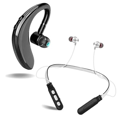 Image of Amazpro (Special Summer with Special 13 Years Warranty) S109 One Ear Bluetooth Headset V5.1 Noise Cancelling Wireless Bluetooth Earpiece with Built-in Mic Hand-Free for Driver with M8 Wireless Neckband Earphones with Ergonomic Design, Sweat Resistant Magnetic Earbuds