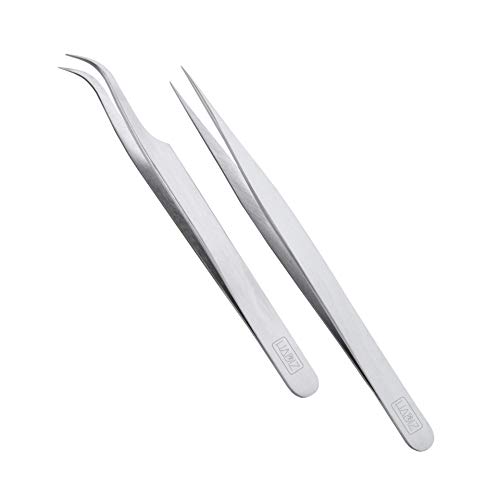 HADIZ 2 Pcs Stainless Steel Eyelash Extensions Tweezers, Straight and Curved Tip Lash Tweezers, False Lash Application Tools