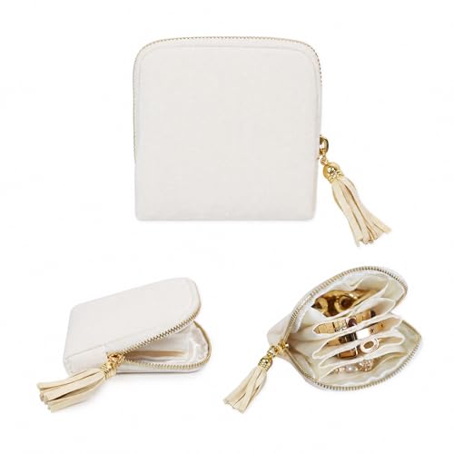 Stratalife Travel Jewelry Case Organizer for Women Portable Jewelry Box with Small Pouches for Gemstones Healing Crystal Bracelets, Necklace Bangles Storage, Pendants Ring Holder Zipper, Whi