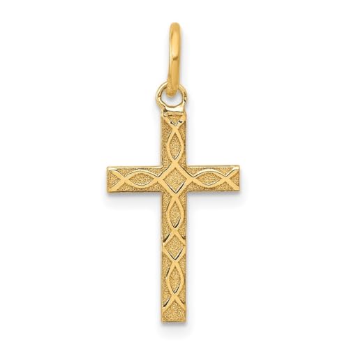 Collar con colgante de cruz religiosa de oro amarillo de 14 quilates, grabado con láser, grabado con láser, parte trasera pulida, mide 23 x 10 mm de ancho, joyería para mujer, Oro amarillo
