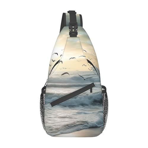Sac à dos à bandoulière noir imprimé vagues et oiseaux sac de voyage de randonnée