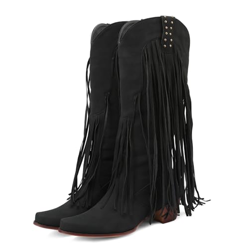 Image of KiutSymo Mid Calf Fringe Boots For Women Cowboy Pointed Toe Chunky Heels Cowgirl Western Tassel Boots
