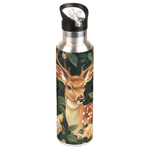 Noauroxn Deer Flowers Sport Insulated Flask Water Bottle 20oz Flip Straw Lid Stainless Steel Bottles Oil Painting Vacuum Double Wall Leakproof Fit Cup Holder for Bike Hiking Gym -  005-0585-01-254E-0024